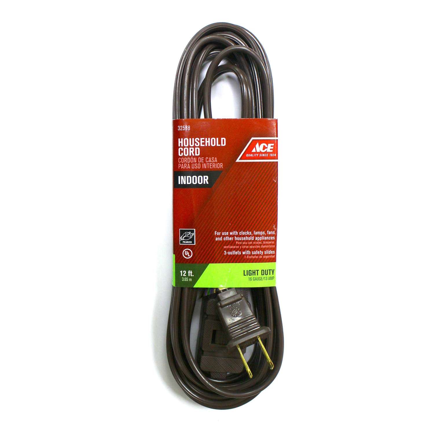 Ace Indoor 12 ft. L Brown Extension Cord 16/2 SPT2 Ace Hardware