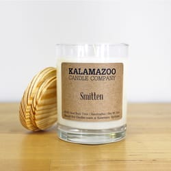 Kalamazoo Candle Company Clear glass jar with white soy wax, wood lid Smitten Scent Smitten, clear g