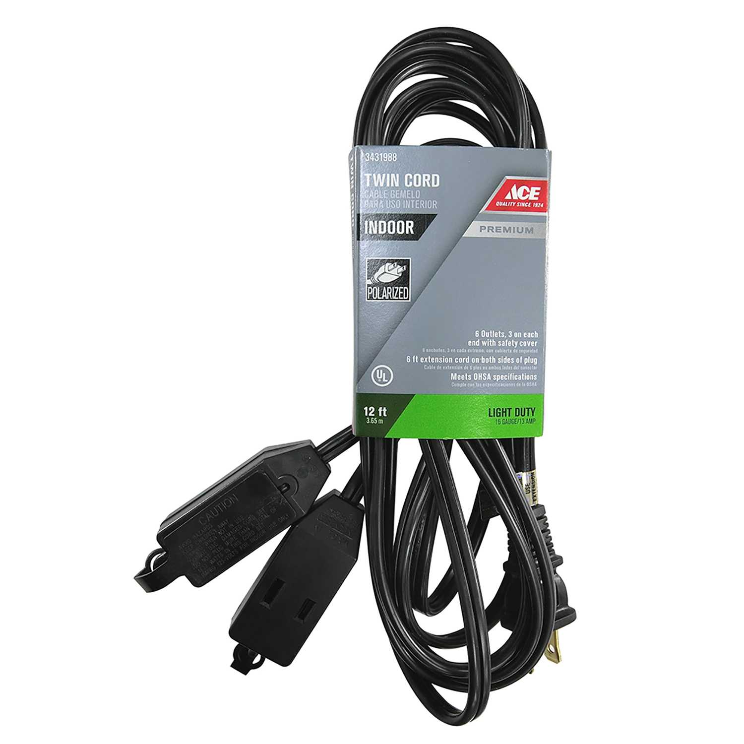 Ace Indoor 12 ft. L Black Extension Cord 16/2 SPT2 Ace Hardware