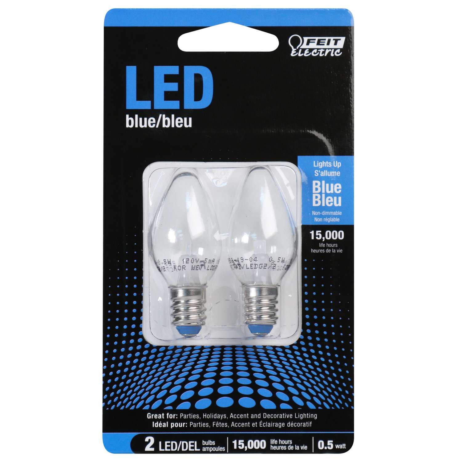 Feit C7 E12 (Candelabra) LED Bulb Blue 0.5 Watt Equivalence 2 pk Ace