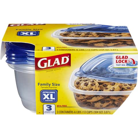 Glad Big Bowl Food Storage Containers with Lids, 48 oz, Clear/Blue,  Plastic, 3/Box