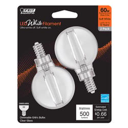 Feit White Filament G16.5 E12 (Candelabra) Filament LED Bulb Soft White 60 Watt Equivalence 2 pk