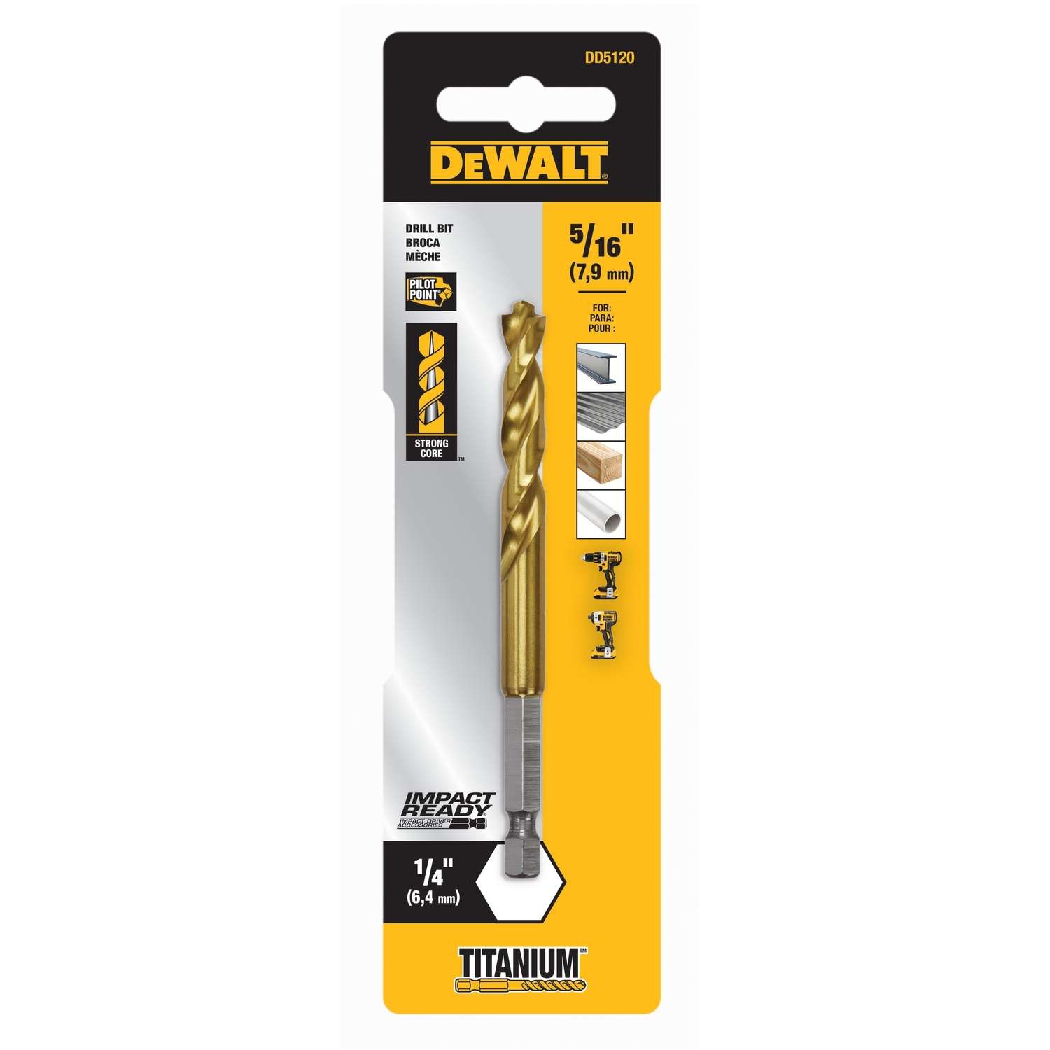 Pack of 5 Details about    DeWalt Impact Ready 1/4" High Speed Steel Drill Bit New 
