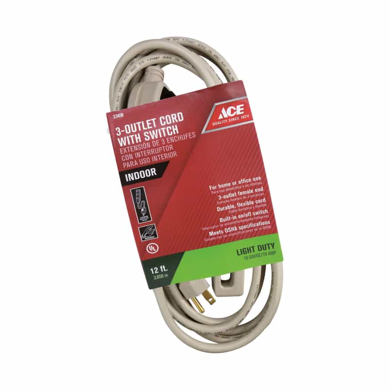 Ace Indoor 12 ft. L Beige Triple Outlet Cord 16/3 SJT Ace Hardware