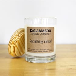 Kalamazoo Candle Company Clear glass jar with white soy wax, wood lid Spiced Gingerbread Scent Spice