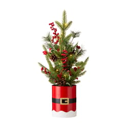 Glitzhome LED Multicolored Lighted Santa Belt Potted Artificial Tree Table Decor 22 in.