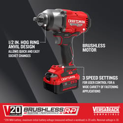 Craftsman V20 1/2 in. Cordless Brushless Impact Wrench w/Hog Ring Kit (Battery &amp; Charger)