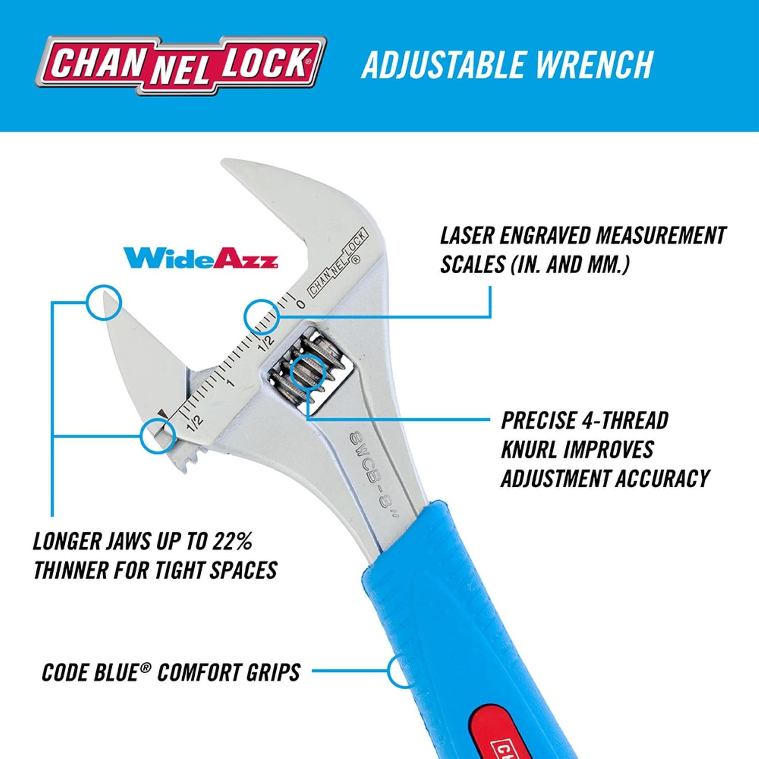 Channellock WIDEAZZ Metric and SAE Adjustable Wrench 8 in. L