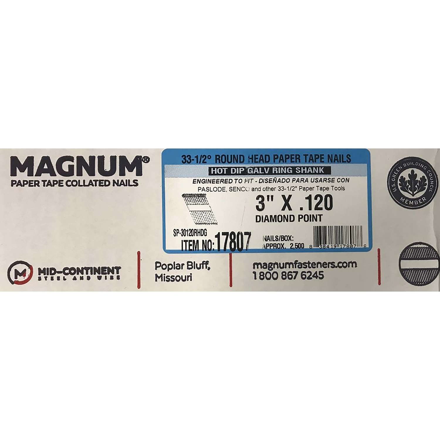 Ring Shank  2500 pk Magnum  3 in Angled Strip  Nails  33-1//2 deg