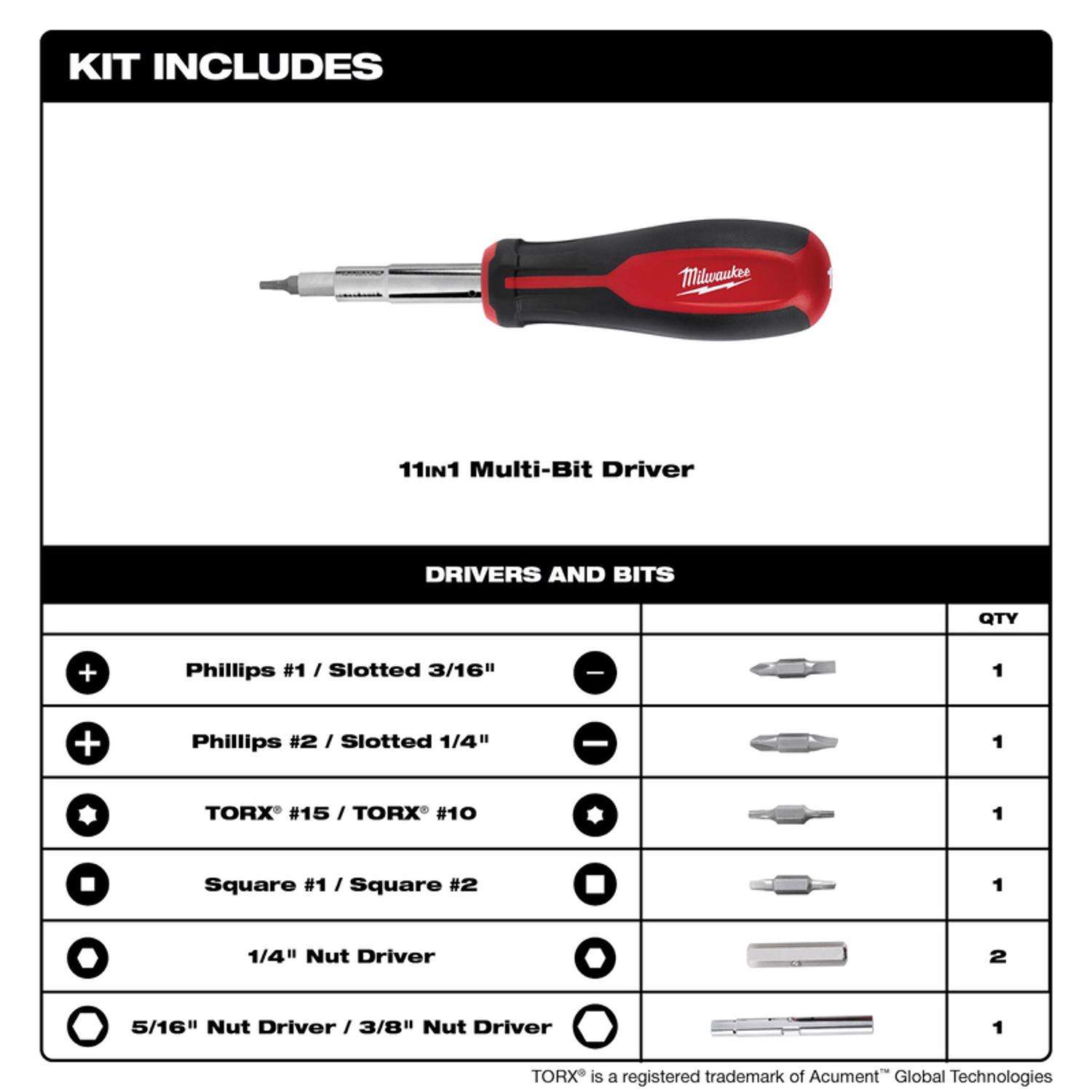 Milwaukee Assorted 11 in 1 Screwdriver Nut Driver 10 in. 11 pc