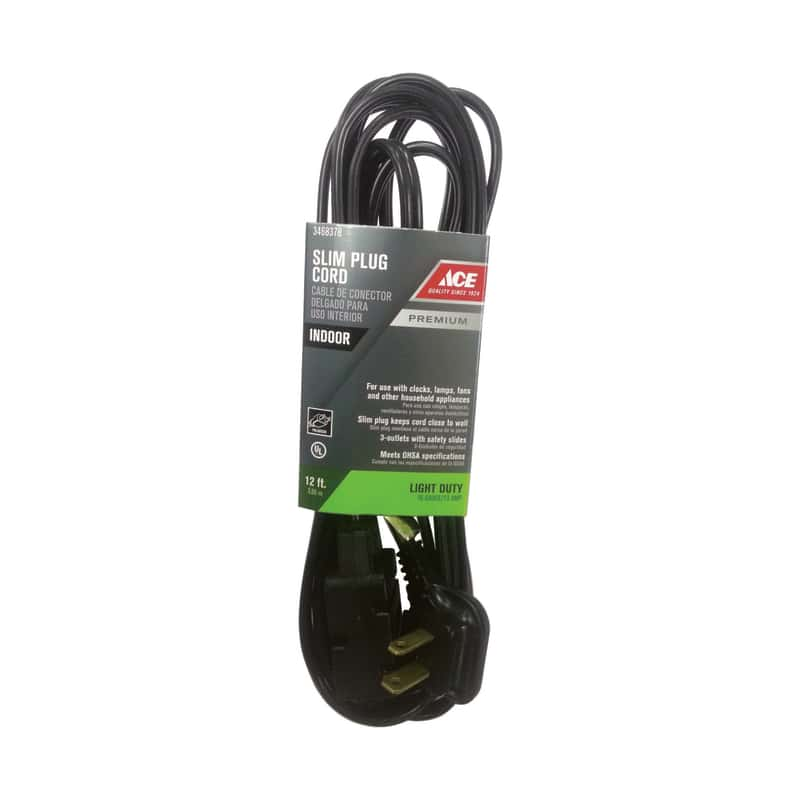 Ace Indoor 12 ft. L Black Extension Cord 16/2 SPT2 Ace Hardware