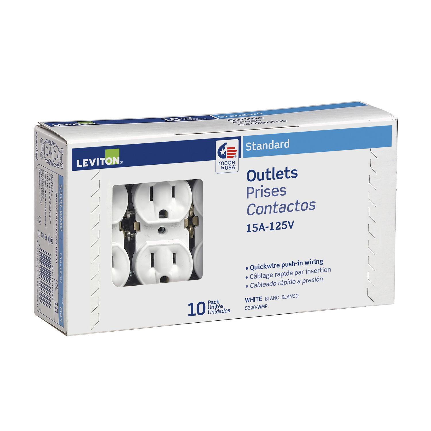 leviton 15 amps 125 v duplex white outlet 5-15r 10 pk