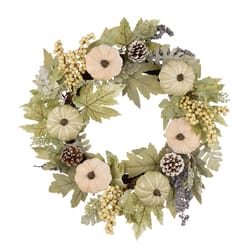 Glitzhome 5 in. Pumpkin Wreath with Green Leaf and Berries Fall Decor