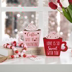 Glitzhome Valentines Day Coffee Cup Table Decor Wood 2 pc