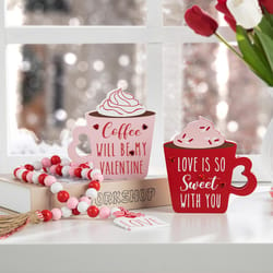 Glitzhome Valentines Day Coffee Cup Table Decor Wood 2 pc