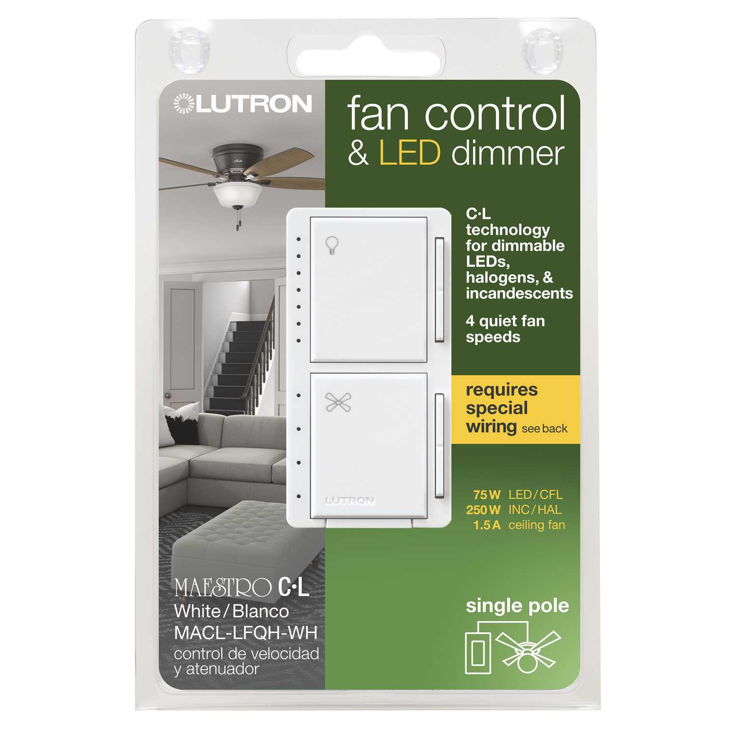 Lutron Maestro White 250 watts Fan/LED Dimmer Switch 1 pk Ace Hardware