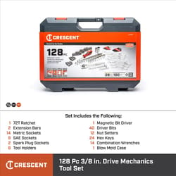 Crescent Assorted Sizes X 3/8 in. drive Metric and SAE 6 and 12 Point Mechanic's Tool Set 128 pc