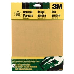 3M 11 in. L X 9 in. W 220 Grit Aluminum Oxide Sandpaper 5 pk