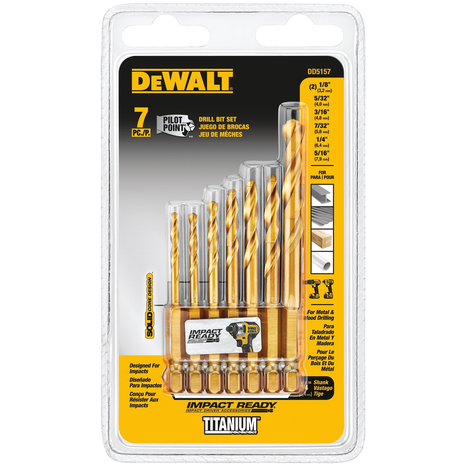 DeWalt Titanium Impact Ready Drill Bit Set Quick-Change Hex Shank 7 pc