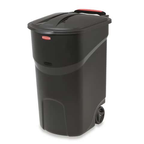 Rubbermaid RM134501 45 Gallon Outdoor Waste Garbage Bin with Attached 2  Heavy-Duty Locking Handles, Snap Shut Lid, Wheeled Trashcan, Black