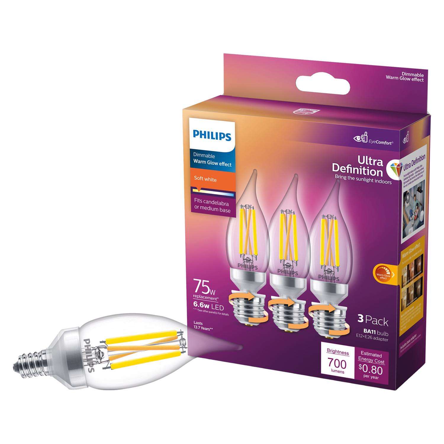 Philips BA11 E12 (Candelabra) LED Light Bulb Soft White 75 Watt