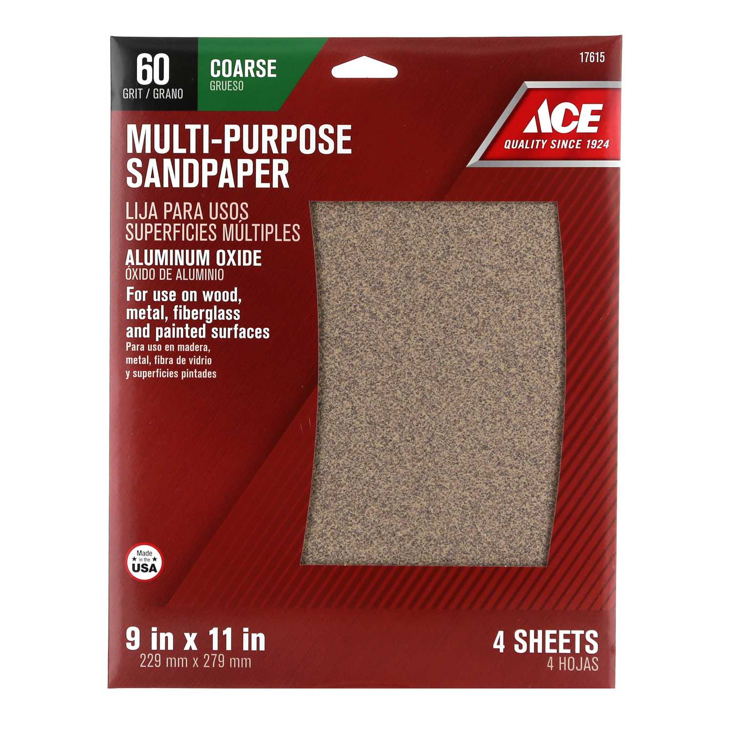 Ace 11 in. L x 9 in. W 60 Grit Aluminum Oxide Sandpaper 4 pk Ace Hardware