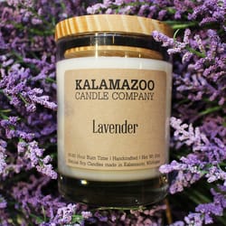 Kalamazoo Candle Company Clear glass jar with white soy wax, wood lid Lavender Scent Lavender, clear