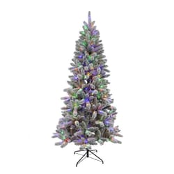 Holiday Bright Lights 1-2 Tree 7-1/2 ft. Slim LED 300 ct Flocked Evergreen Color Changing Christmas