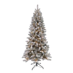 Holiday Bright Lights 1-2 Tree 7-1/2 ft. Slim LED 300 ct Flocked Evergreen Color Changing Christmas