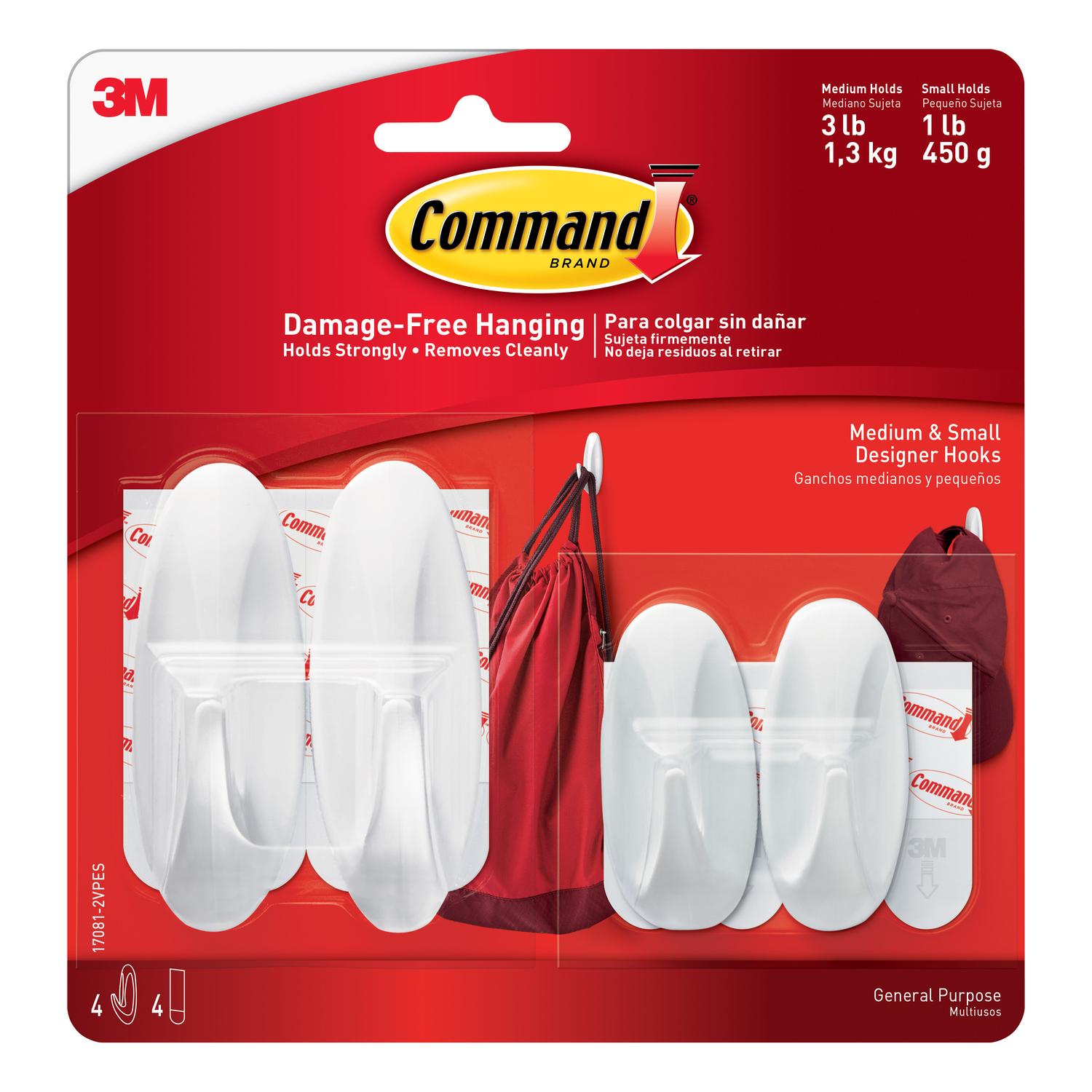 Command Designer Hooks Value Pack  White  2 Small and 2 Medium Wall Hooks