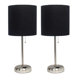 LimeLights 19.5 in. Brushed Steel Black Table Lamp with Charging Outlet