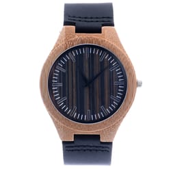 Mad Man Mens Meridian Round Black/Brown Analog Watch Bamboo/Leather