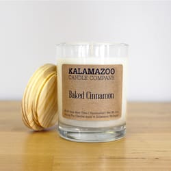 Kalamazoo Candle Company Clear glass jar with white soy wax, wood lid Baked Cinnamon Scent Baked Cin