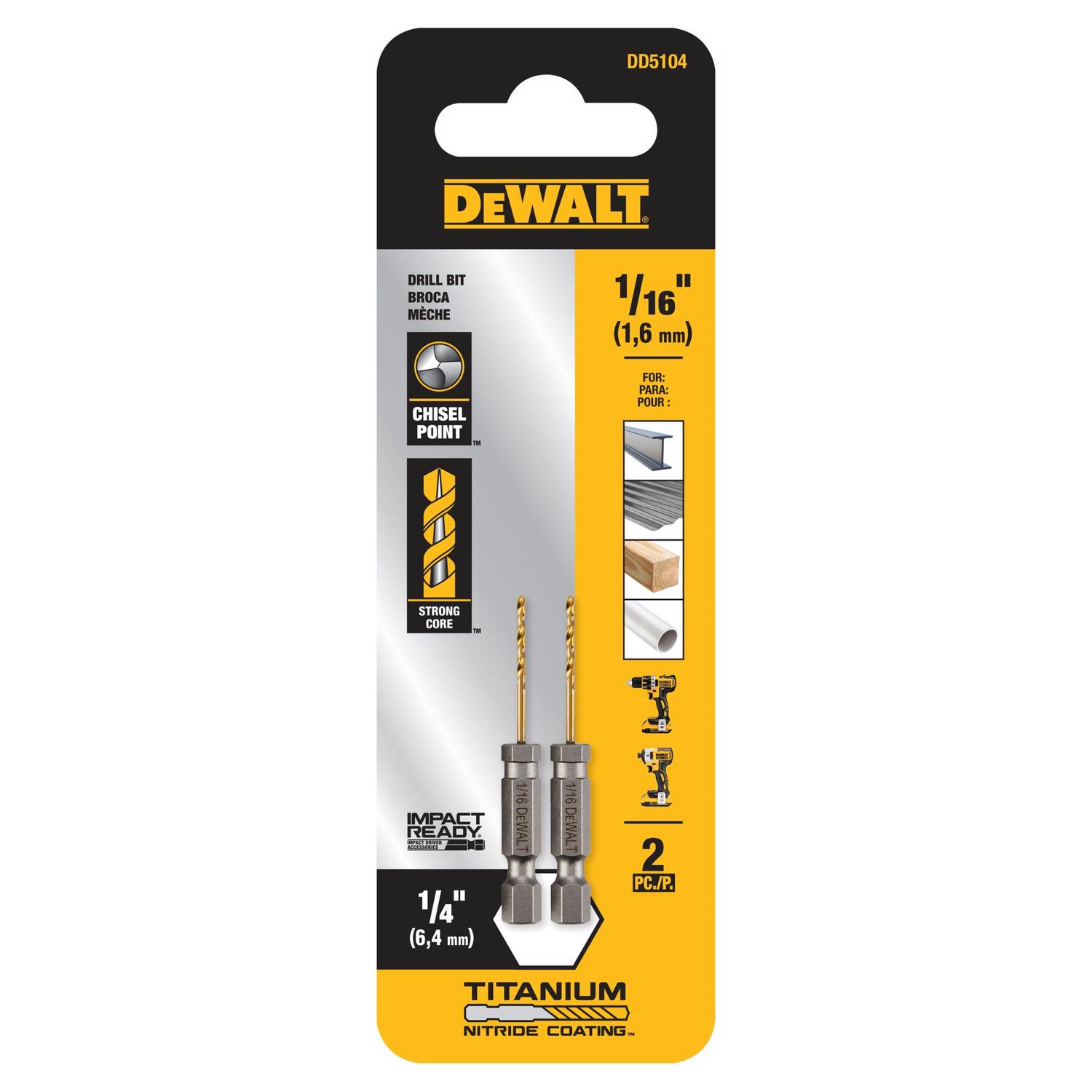 DeWalt Impact Ready 1/16 in. X 2-1/4 in. L Titanium Nitride Drill Bit Hex Shank 2 pc
