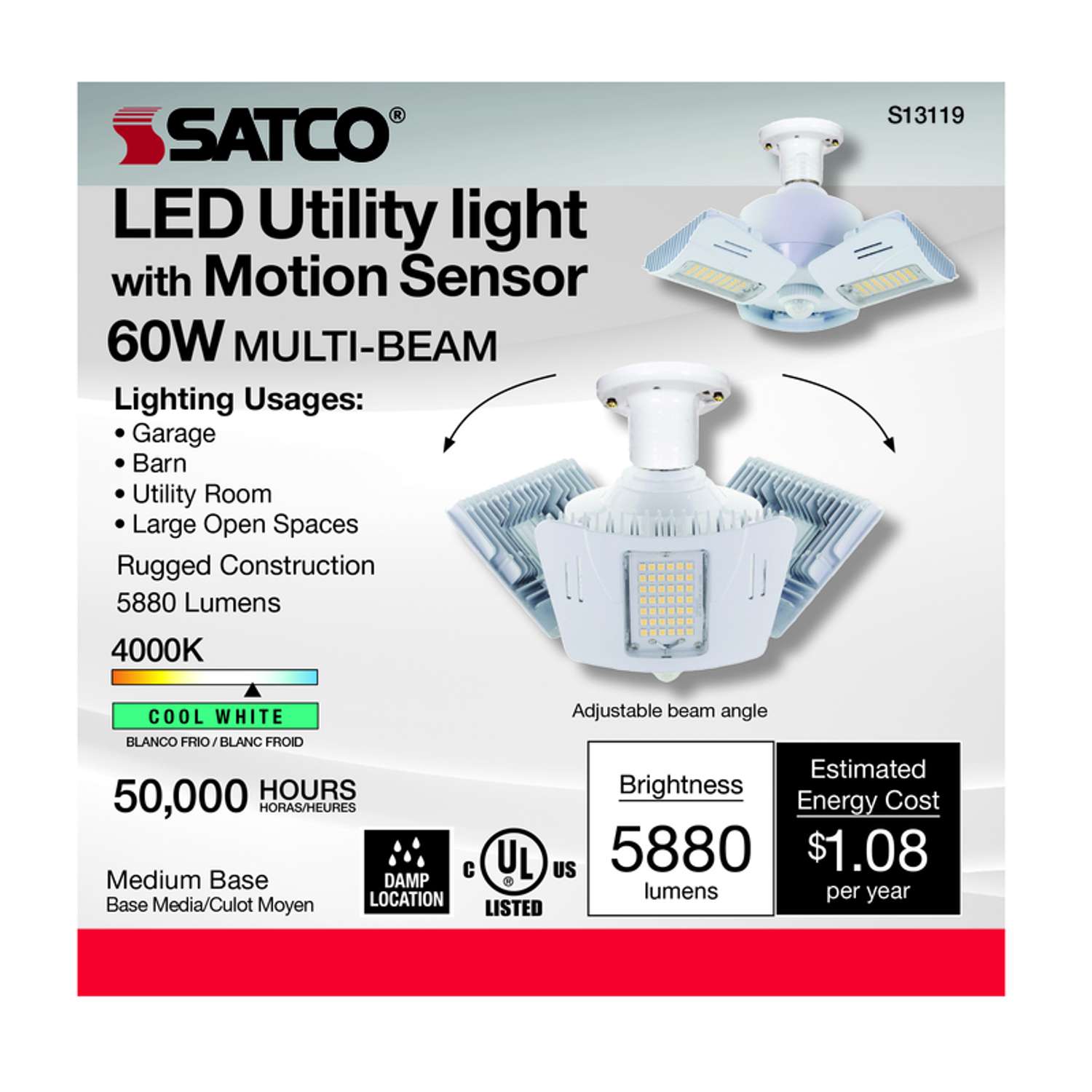 Satco . Wide Surface E26 (Medium) LED Motion Sensor Utility Light Cool