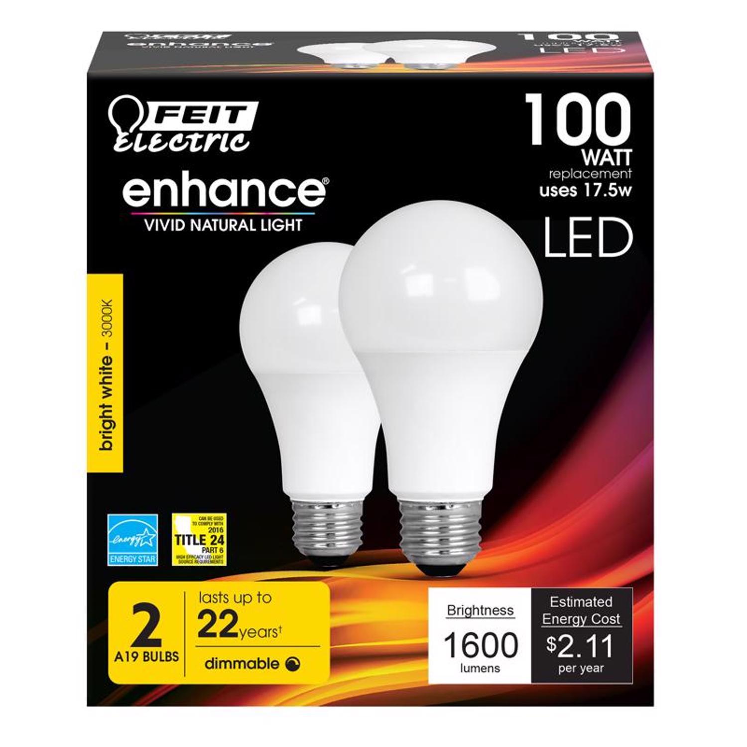 Photos - Light Bulb Enhance Feit  A19 E26  LED Bulb Bright White 100 Watt Equivalence 2 (Medium)