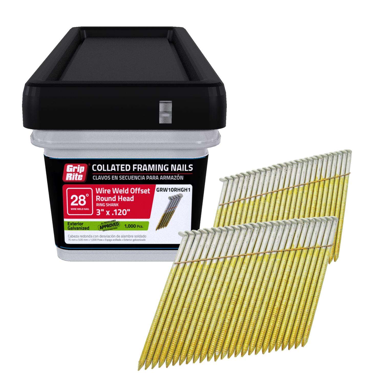 Grip-Rite 3 in. Angled Strip Hot-Dip Galvanized Framing Nails 28 deg 1000  pk - Ace Hardware