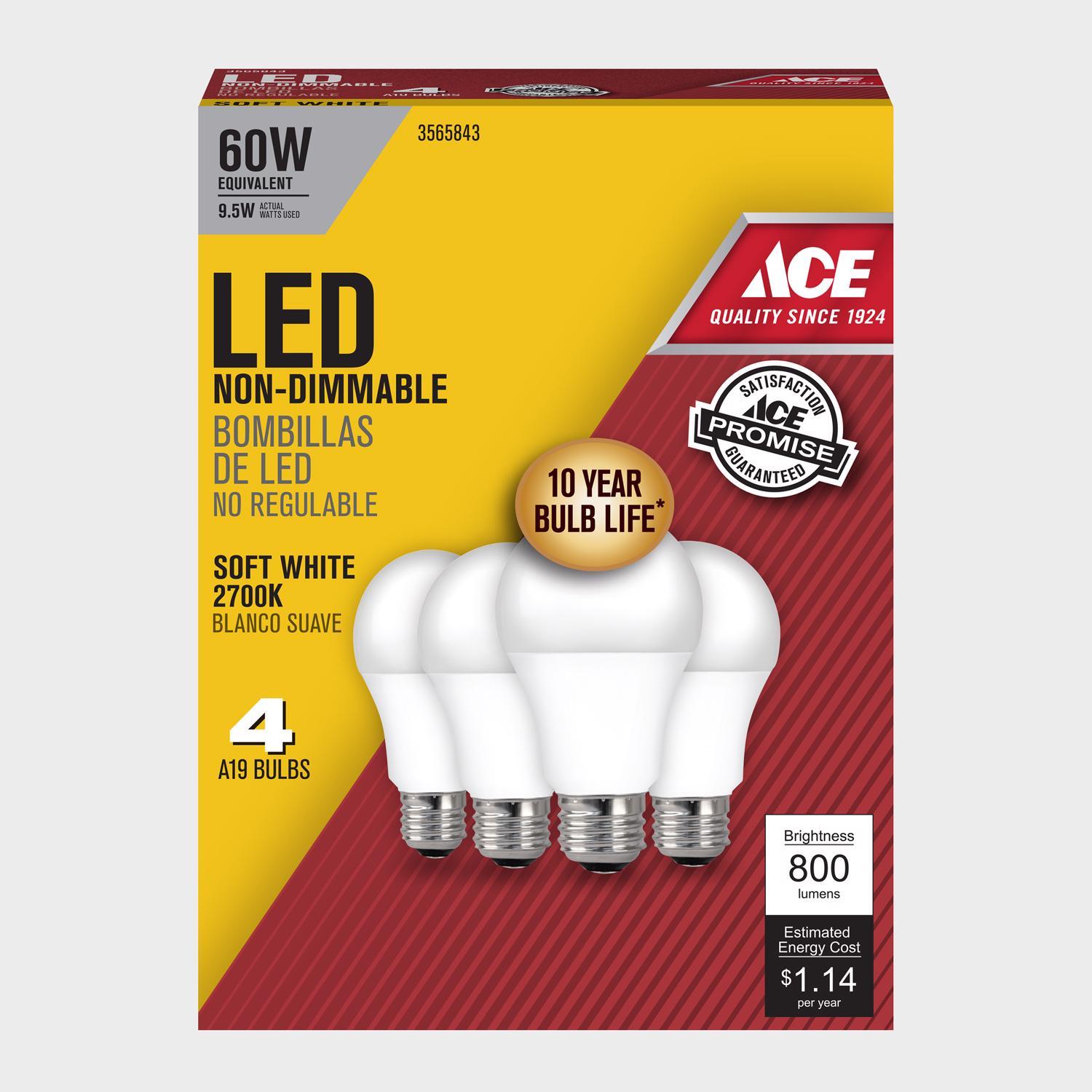 Ace A19 E26 Medium LED Bulb Soft White 60 Watt Equivalence 4 pk Mfr A80082710KLED4 Ace Hardware