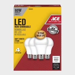 Ace A19 E26 (Medium) LED Bulb Soft White 60 Watt Equivalence 4 pk