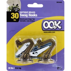 HILLMAN OOK Medium Antique Brass Gold Steel 1-1/2 in. L Swag Hook 30 lb 2 pk