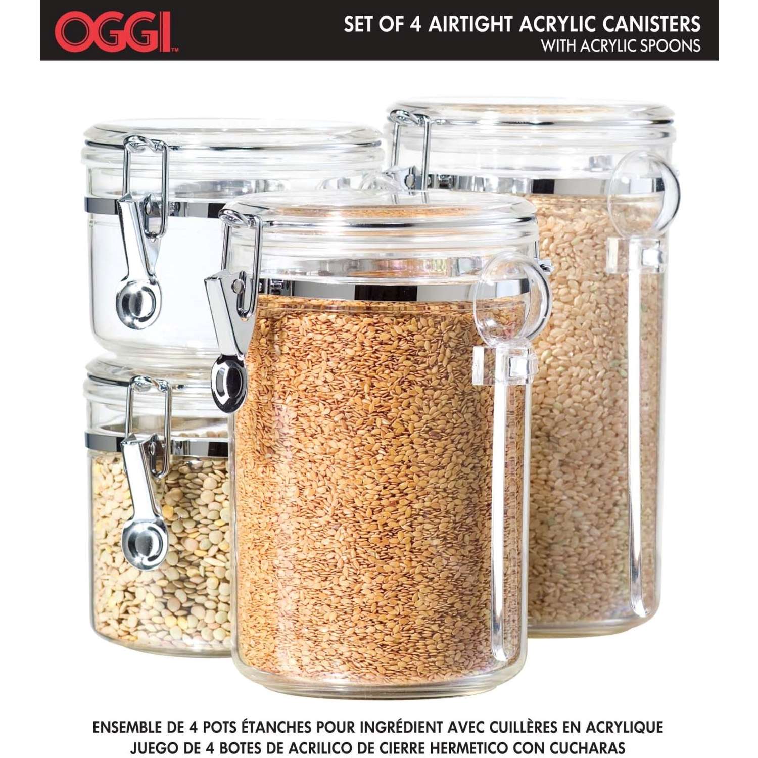  Oggi 4pc Clear Canister Set with Clamp Lids & Spoons