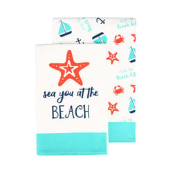 Pavilion We People Coral/White Cotton Beach Life Pattern Tea Towel 2 pk