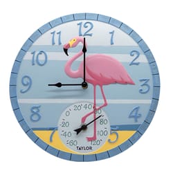 Taylor Flamingo Clock/Thermometer Polyresin Multicolored 14 in.