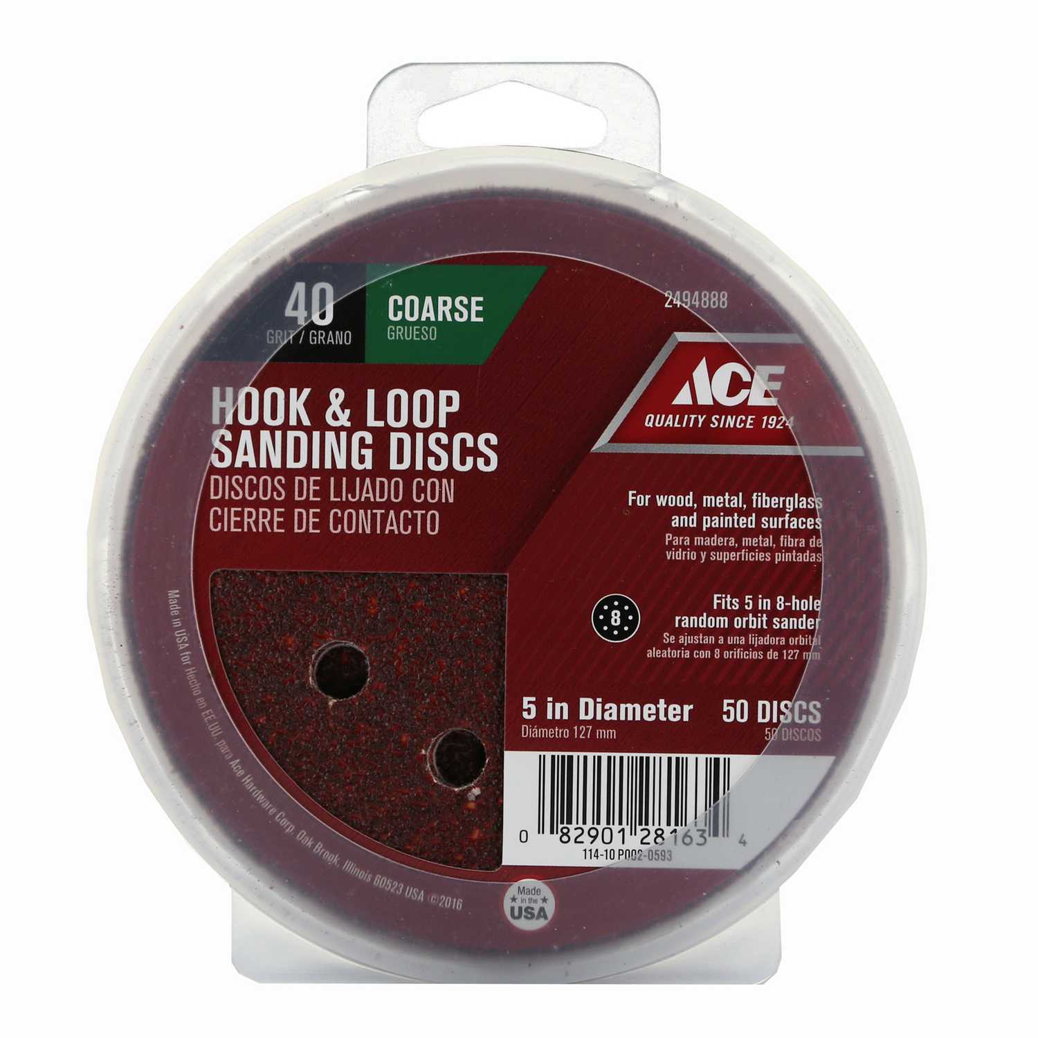 Ace 5 in. Aluminum Oxide Hook and Loop Sanding Disc 40 Grit Coarse 50