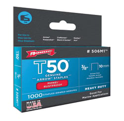 Arrow T50 3/8 in. W X 3/8 in. L 18 Ga. Flat Crown Heavy Duty Staples 1000 pk