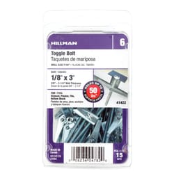 HILLMAN 1/8 in. D X 3 in. L Round Zinc-Plated Steel Toggle Bolt 15 pk