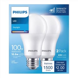 Philips A19 E26 (Medium) LED Bulb Daylight 100 Watt Equivalence 2 pk