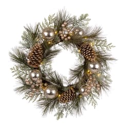 Glitzhome 24 in. D LED Prelit Warm White Berry Holly Pine Cone Wreath