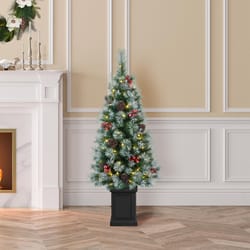 Glitzhome 4 ft. Slim LED 80 ct Pinecones and Red Berries Porch Bush