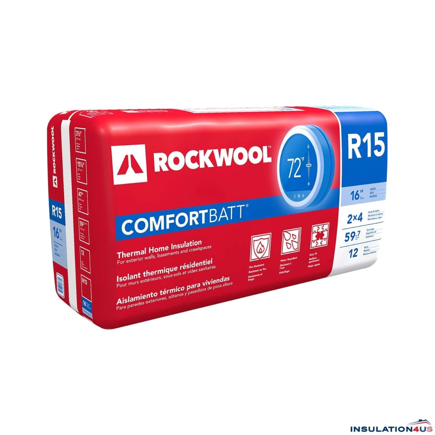 Rockwool ComfortBatt 15 in. W x 47 in. L R15 Unfaced Insulation Batt 59